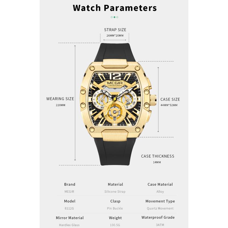 Megir Quartz Watch for Men Waterproof Silicone Strap Fashion Tonneau Case Chronograph Sport Wristwatch with Date Luminous Hands