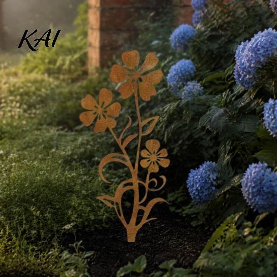 Metal Garden Stakes Rustic Flower Stakes, 12.6x30cm Yard Art Cutout, Farmhouse Rust Decorative Iron Flowers Finish Outdoor Decor for Pathway
