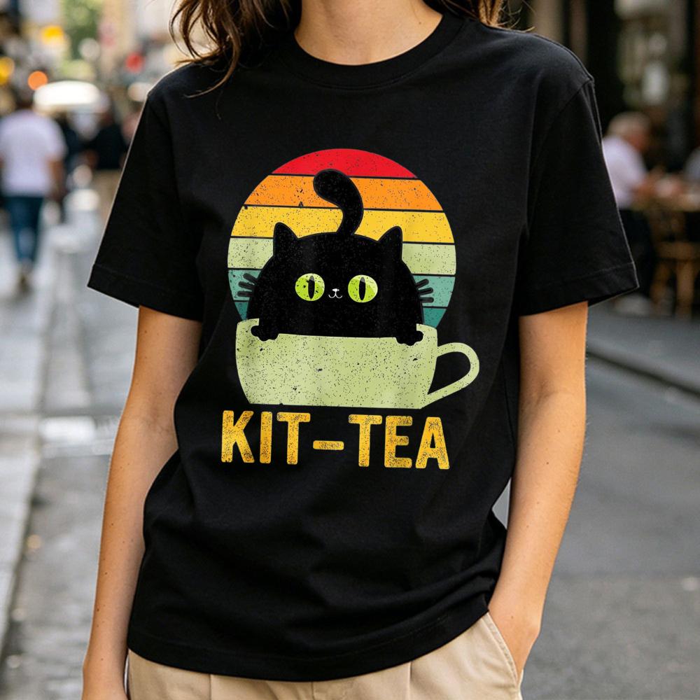 SOMMAS CATS Kit Tea Black Cat Tea Lover T-Shirt Men Harajuku Streetwear Funny Outdoors High Qua