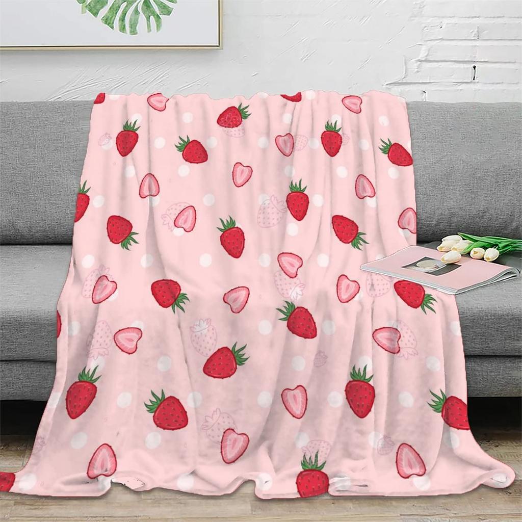 Cute Strawberry Blanket, Plush Soft Warm Flannel Sweet Fruit Throw Blanket for Couch, Travel, Bed, Outdoor, Gift for Teen Adult