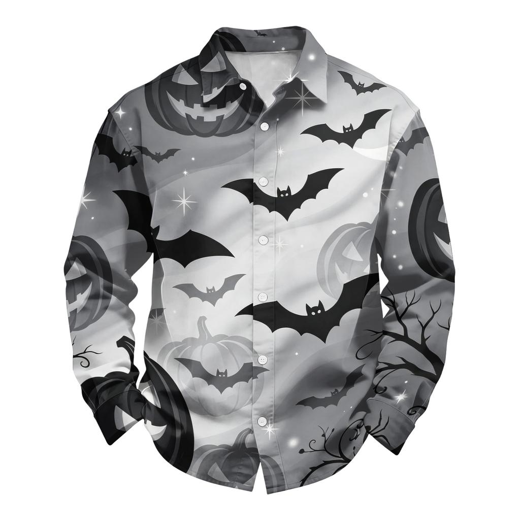 Men's Loose Fit Long Sleeve Shirt with Classic Collar Halloween Print Vintage Casual Button Down Shirt for Spring Autumn Daily Wear
