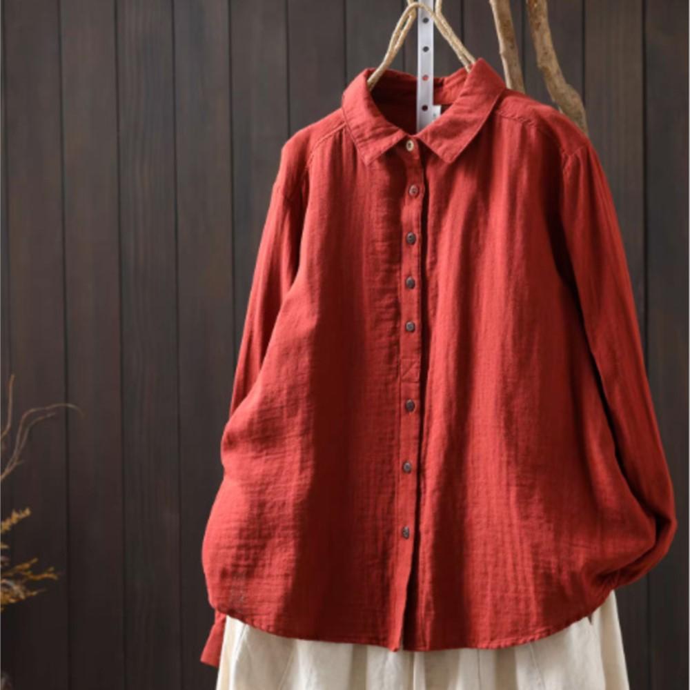 

Johnature Women Vintage Shirt Tops Spring Chinese Style Turn-down Collar Long Sleeve Button Shirts L червоний