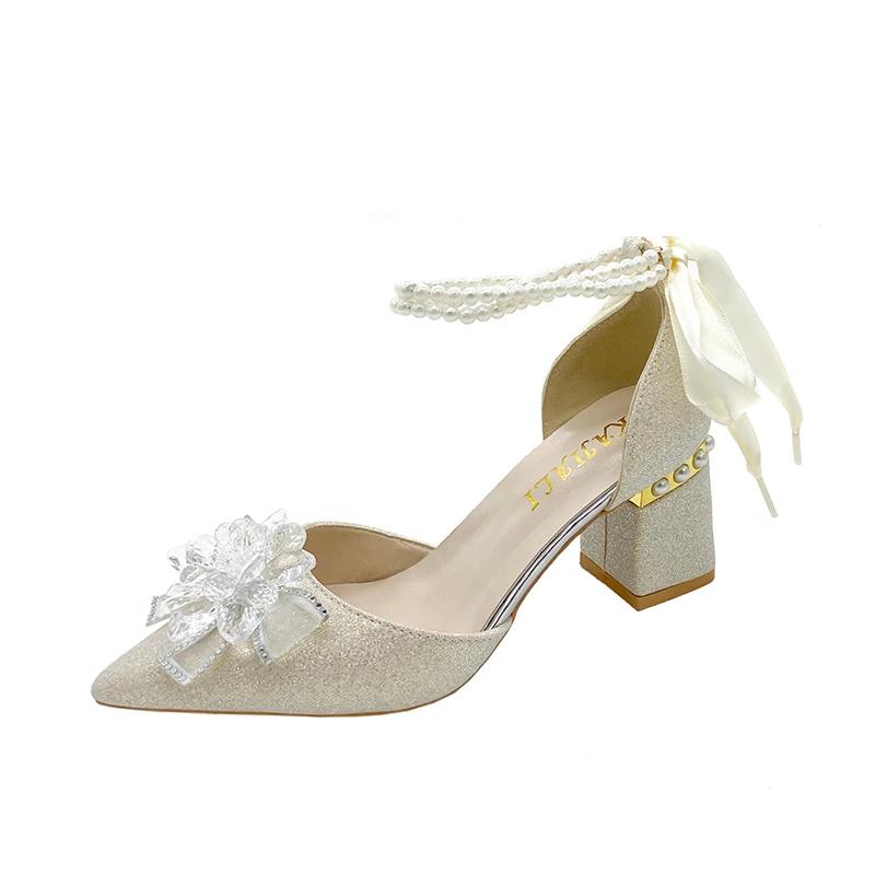 Elegant Fashion Pearl One Word Wedding Single Shoes New Pointed Toe Shallow Slip Rhinestone Bow Square Heels