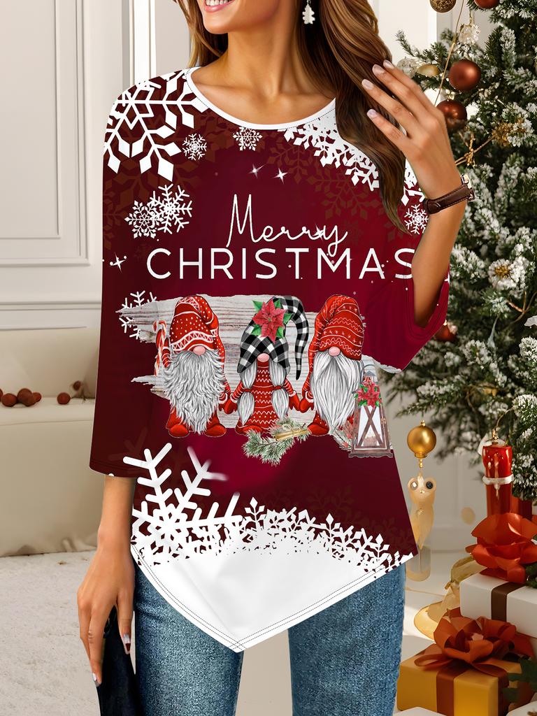Dámské volné tričko s kulatým výstřihem a tříčtvrtečním rukávem, 3D vánoční vzor, ideální halloweenský a vánoční dárek