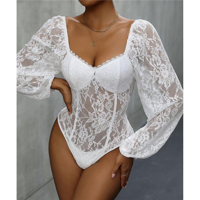 

European and American Sexy Silm Lace Long Sleeves Jumpsuit Shorts Tops Female Lace Bodysuit Jumpsuit White XL