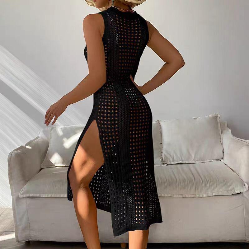 Elegant New O-neck Sleeveless See Through Women Knitted Dress Fashion Hollow Out Summer Vacation Sexy Dresses High Slit Beach Sunscreen Covers