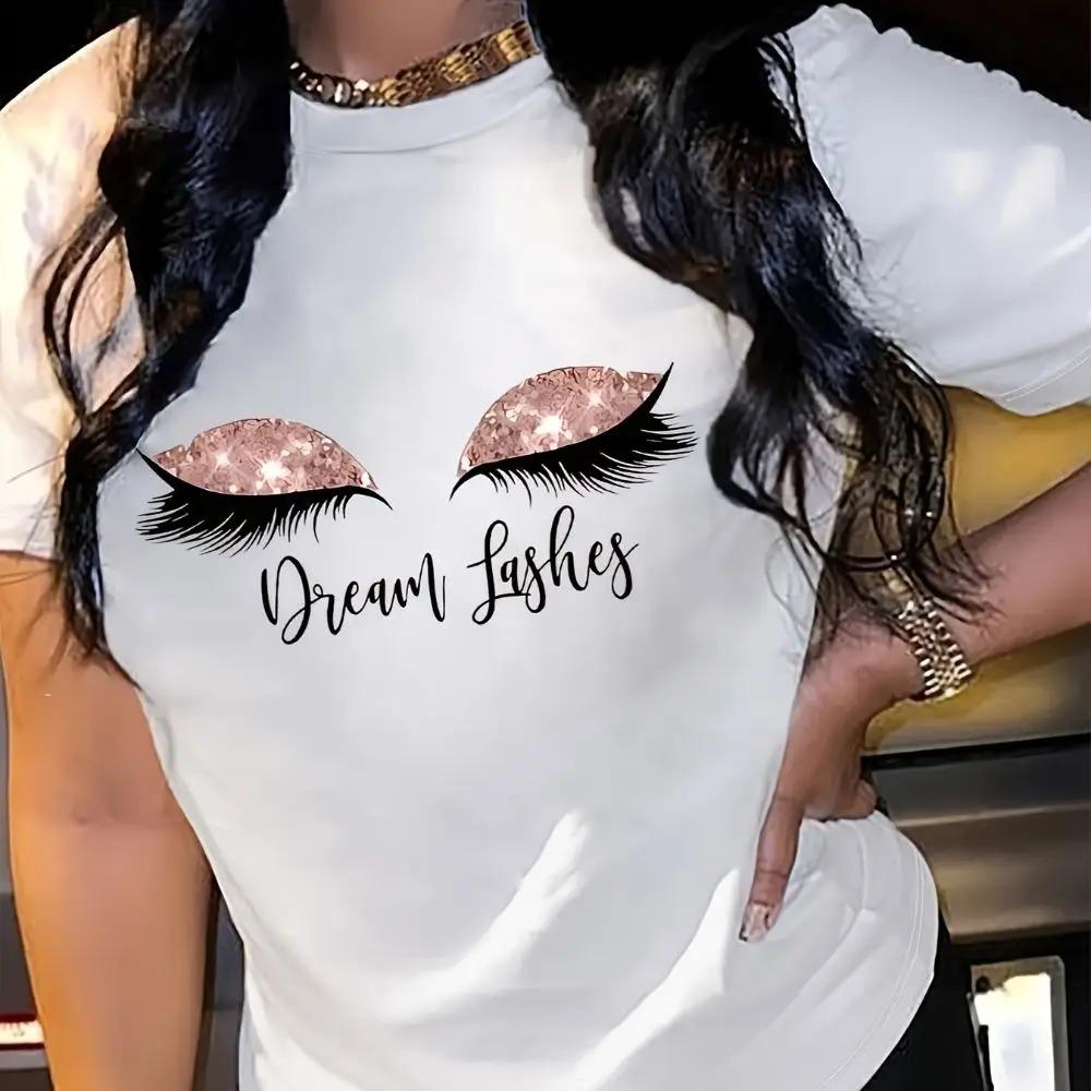 

Модная и трендовая футболка с круглым вырезом и принтом ресниц для весны и лета, женская уличная повседневная простая футболка с короткими рукавами S