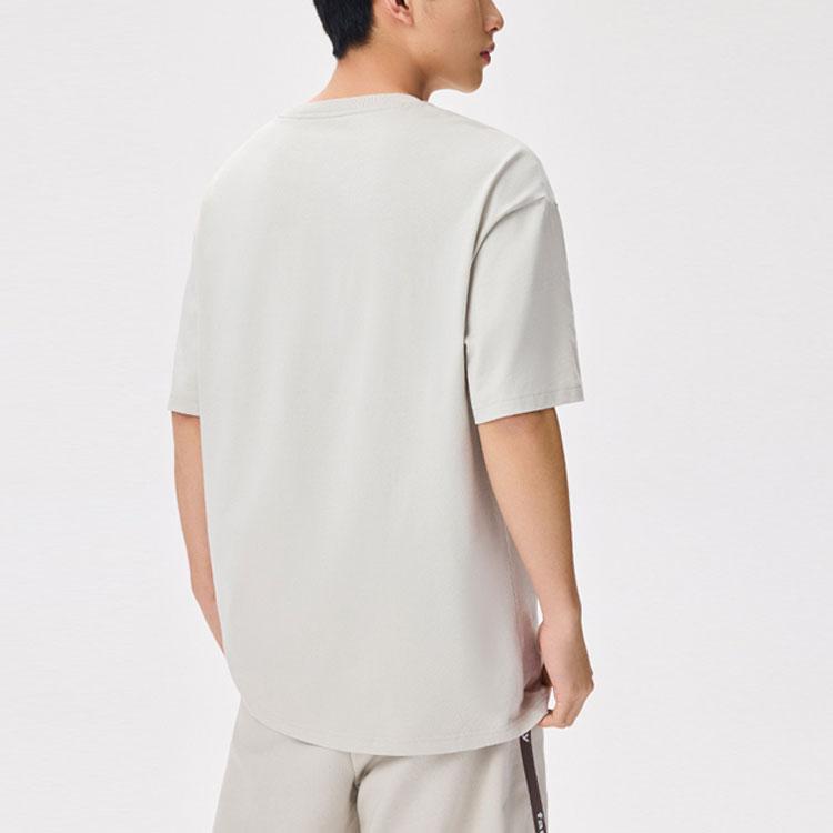 Anta Logo Pattern Round Neck Pullover Loose Short Sleeve T-Shirt Unisex Tops Beige 972328113-2