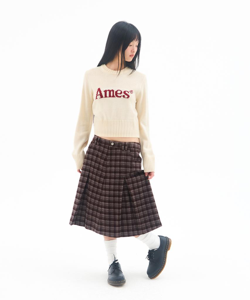 Ames Worldwide Check Pleats Midi Skirt Brown