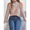 Women's Off-Shoulder High Neck Cable- Sweater - Soft Stretchy Long Sleeve Pullover, Solid Color Casual Chic Fall Winter Top, Highneck Pullover