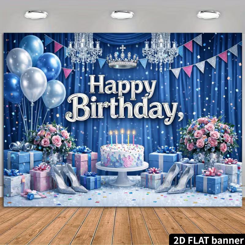 Princess Themed Birthday Tapestry, Blue Curtains with Balloons, Gifts and High Heels for Photo Booth