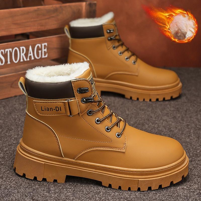 

Зимние утепленные утолщенные ботинки Высокие кожаные Теплые Рубарбовые Повседневные ботинки Британский стиль Мужские ботинки Удобная Трендовая Минималистичная Универсальная обувь 46