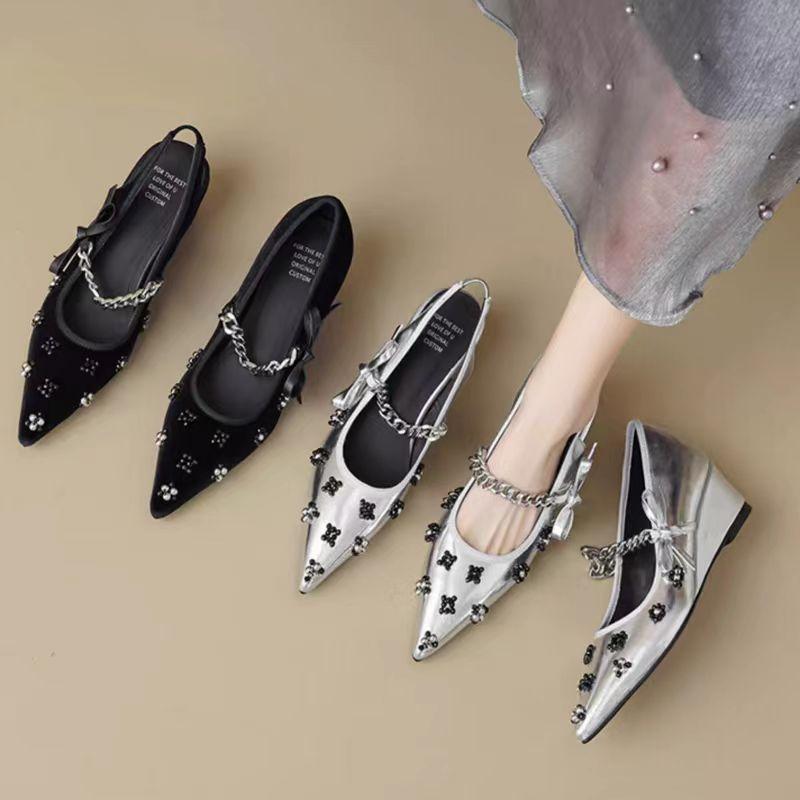 Fashion FHC 2024 New Wedges High Heeled Sandals,Women Summer Shoes,Back Hollow Out,Front Metal Chain,Pointed Toe,Black,Silver,Dropship
