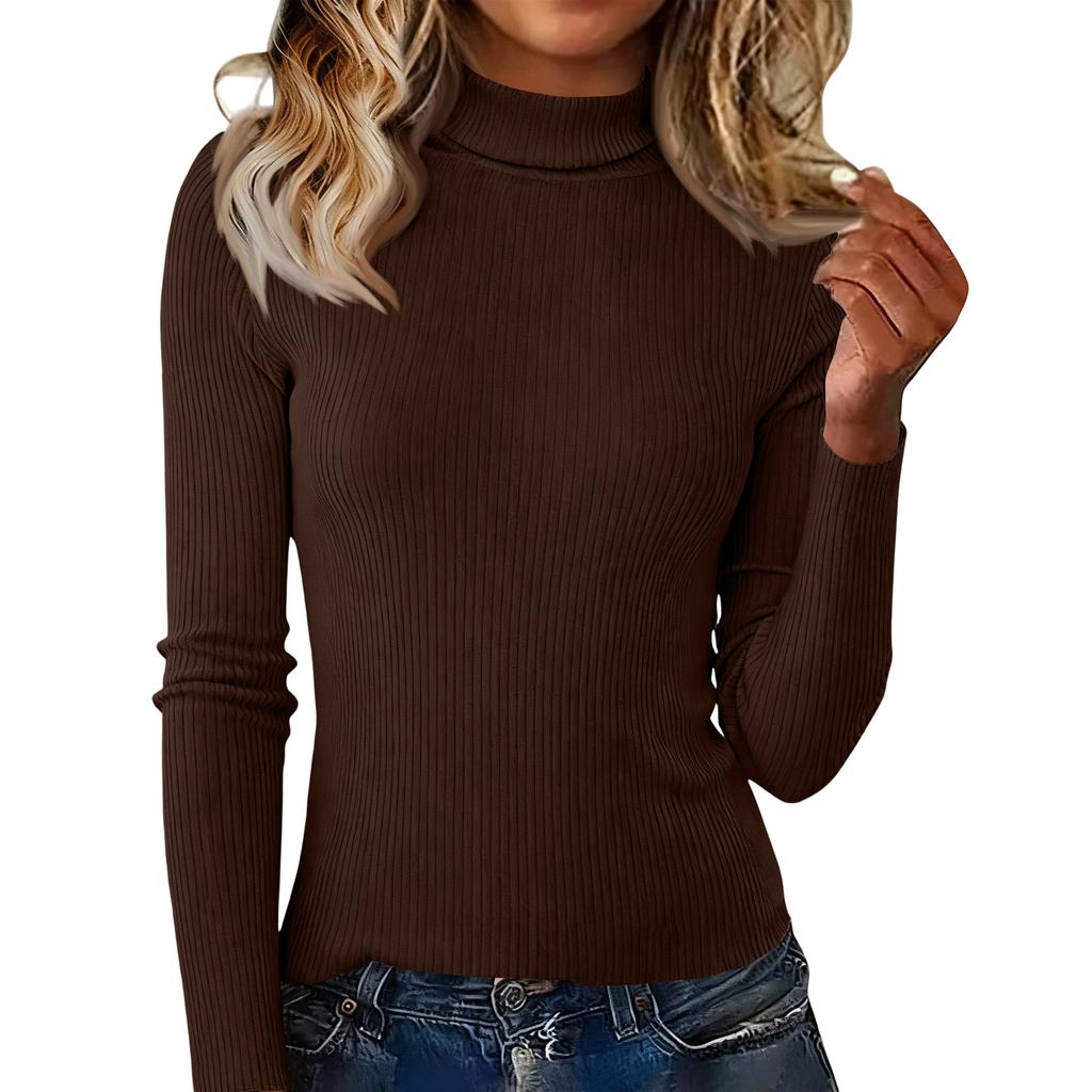 Damen Modisches Und Lässiges Strickoberteil Mit Hohem Kragen Und Langen Ärmeln In Unifarbe