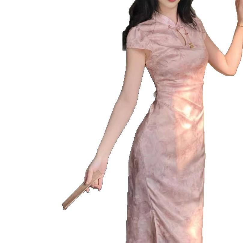 New Chinese style long dress in early summer waist and thin high-end stand-up collar jacquard satin improved cheongsam dress women