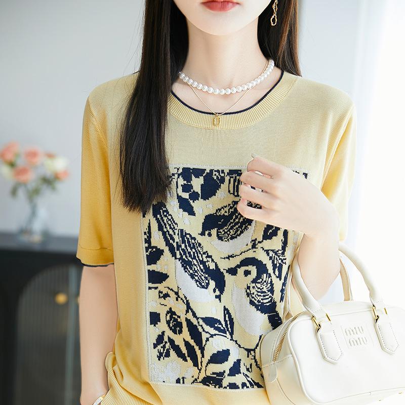 

Новый летний топ с принтом сороки, с цветным блочным дизайном, с круглым вырезом и короткими рукавами для женщин, универсальный вязаный свитер XL жёлтый