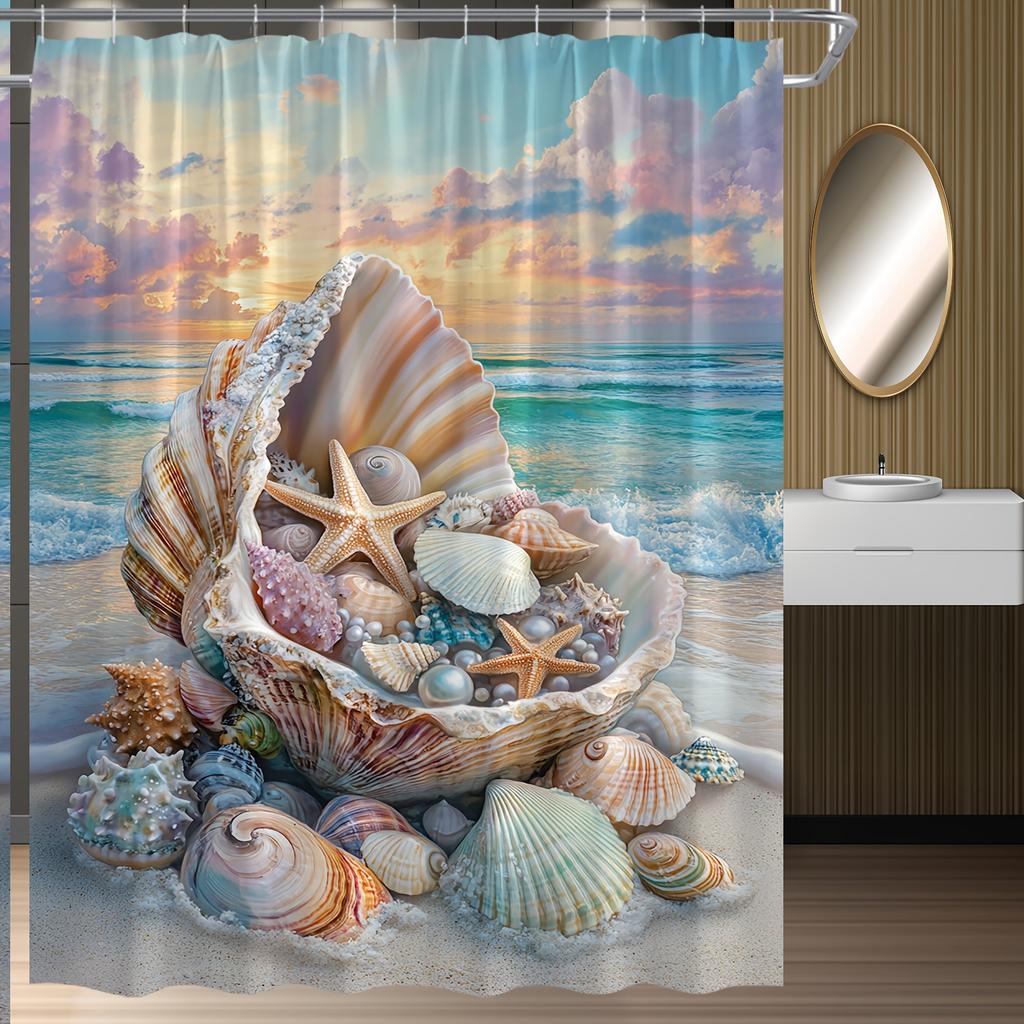 Waterproof Ocean Seashell Beach Shower Curtain Tropical Nautical Bathroom Decor Art Print Curtain for Home Use