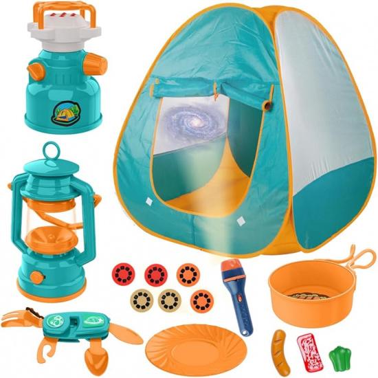 Kids Camping Set 50pcs with Tent & Space Projector Flashlight- Outdoor Campfire Toy Set for Toddlers Kids - Pretend Play Camp Gear Tools for Birthday