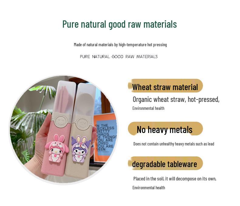 Sanrio Eco-Friendly Portable Wheat Straw Cutlery Set (Chopsticks, Spoon, Fork) with Box