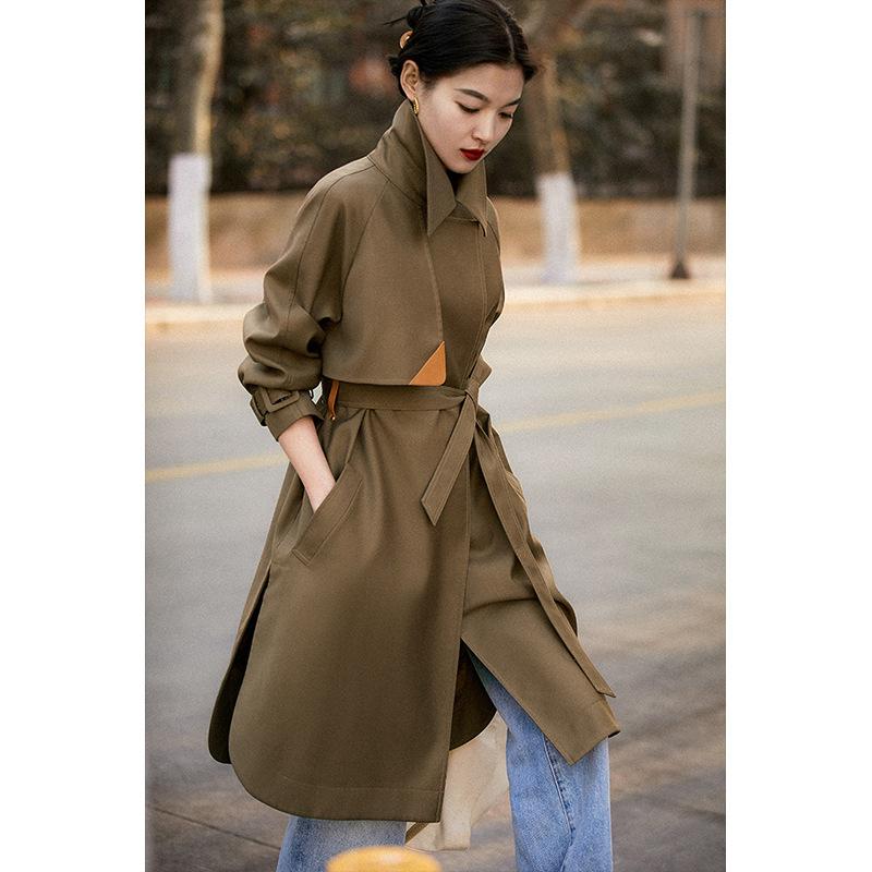 leather lace-up trench coat women's, spring new women's medium and long, waist spring and autumn women's clothing