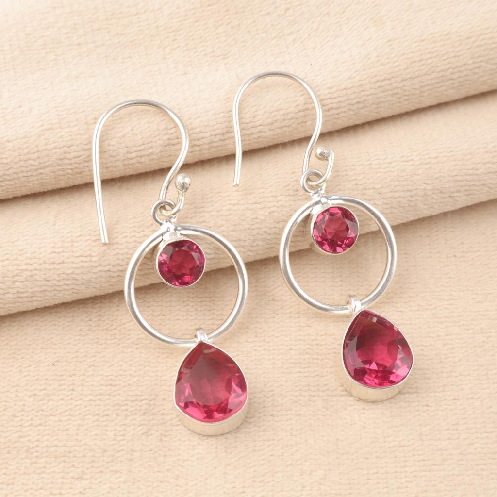 Natural Pink Tourmaline Gemstone 925 Sterling Silver Jewelry Dangle Earrings2.0" EE-140-12