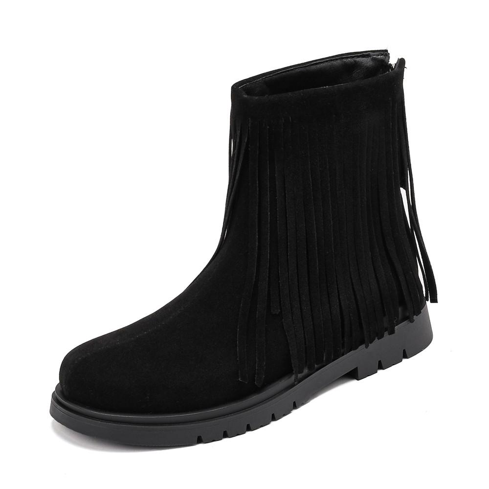Fashion Ladies Casual Vintage Solid Color Fringe Booties Comfortable Platform Mid Cylinder Round Head Zip Ankle Boots Women Black Brown