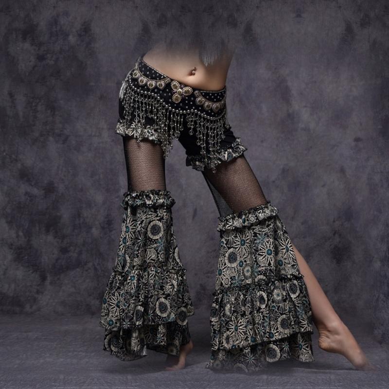 Women's Tribal Belly Dance Pants Mesh Patchwork Flared Pants Bellydance Costume for Performances Halloween Party