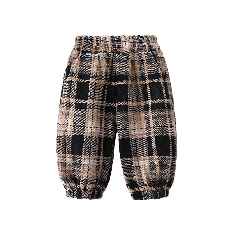 Brand Kids' Autumn/Winter Fleece-Lined Plaid Cuffed Pants for Boys - Thick and Warm