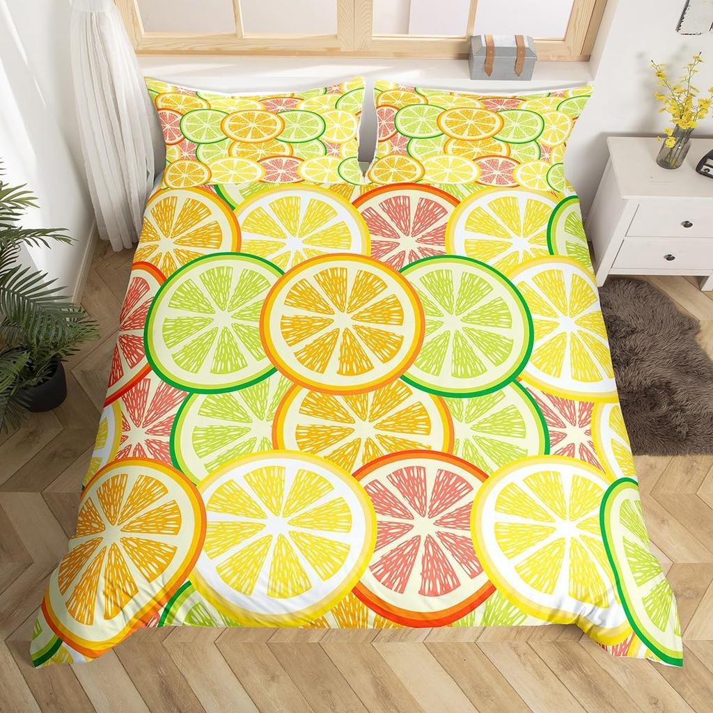 Set Biancheria da Letto Limone e Arancia per Bambini Ragazzi Ragazze Copripiumino Pompelmo Singolo Matrimoniale Estate Fresco Frutta Copripiumino Set