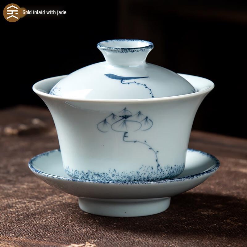 Large Hand-Painted Blue & White Ceramic Gaiwan