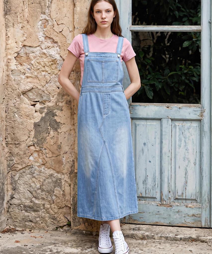 Poebeo21 Denim Back Slit Suspender Long Dress (Ftdbop041)