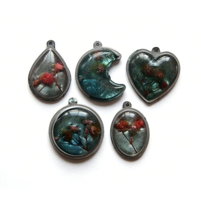 Heart Oval Moon Round Resin Pendant Silicone Molds with 15 Cavities For Handmade Resin Pendant Jewelry Crafting