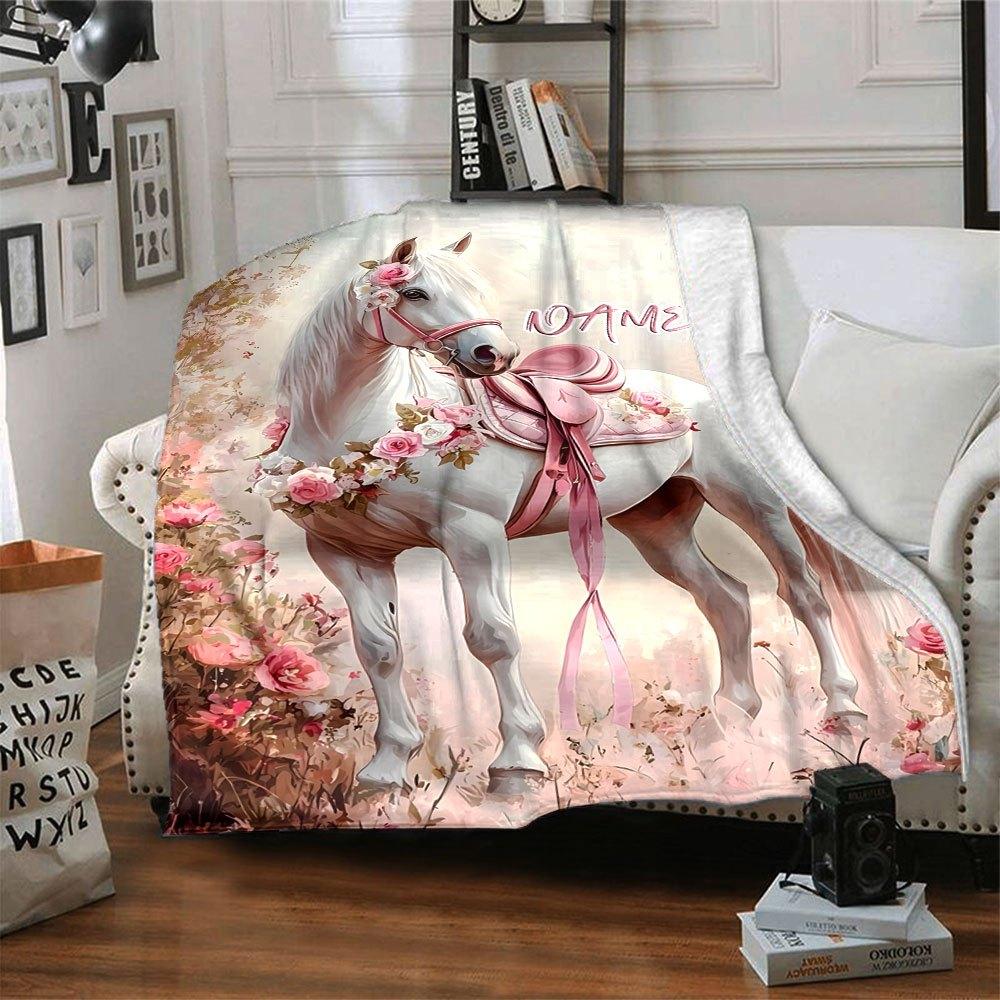 Floral Horse Art Home Customize Your Name Blankets Comfortable Soft Lightweight All Season Versatile Blanket Perfect For Picnic Sofa Office Bed Living