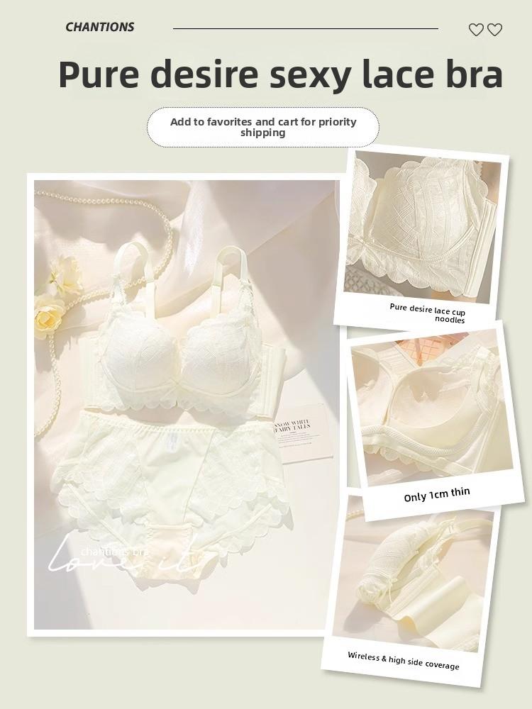 Coquette Lace Petal Soft Support Wireless Bra, Push Up Anti-Sag Side Gathering Small Bust Women Bra