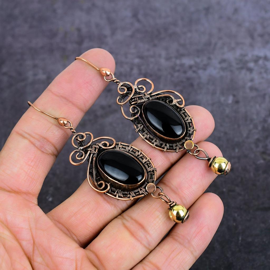 Schwarzer Onyx Handgefertigter Kupferdraht Wicklung Schmuck Ohrring 3,35" s3e37