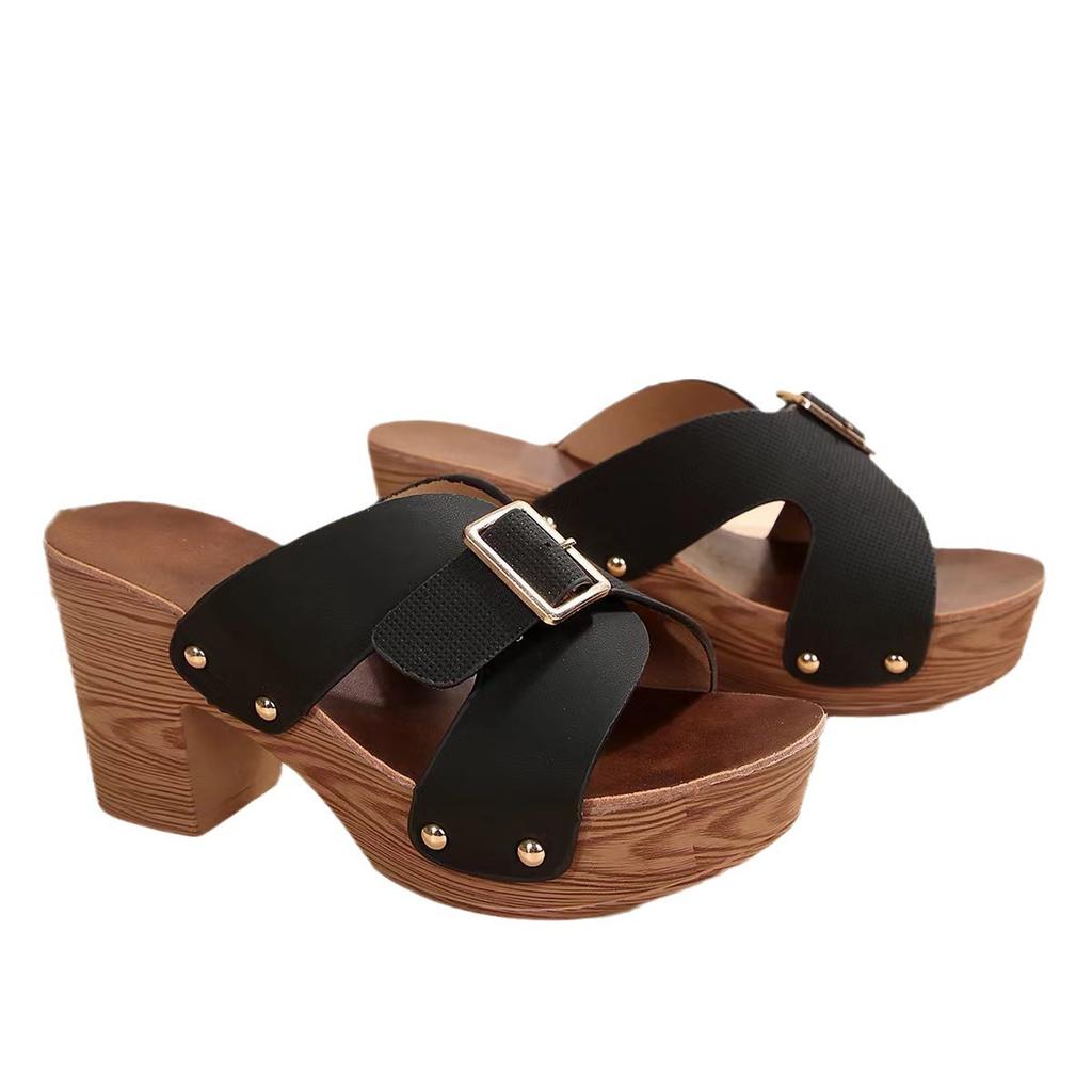 2025 New Foreign Trade Summer High Heeled Platform Women's Shoes Large Size Thick Heel Cross Band Fashion Casual Slippers