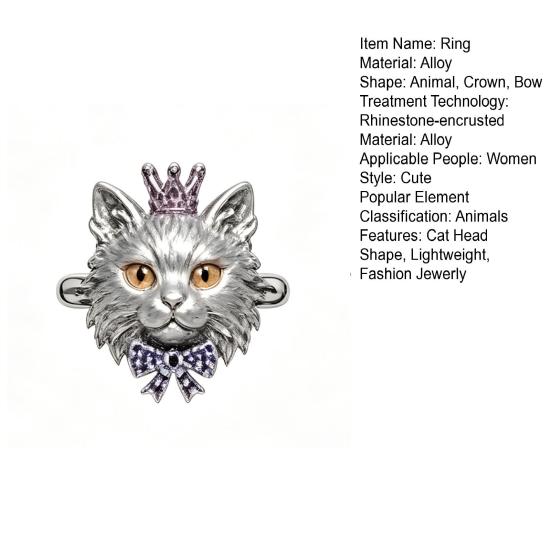 Rhinestone Crown Cat Ring Men Women Bow Kitten Alloy Open Ring
