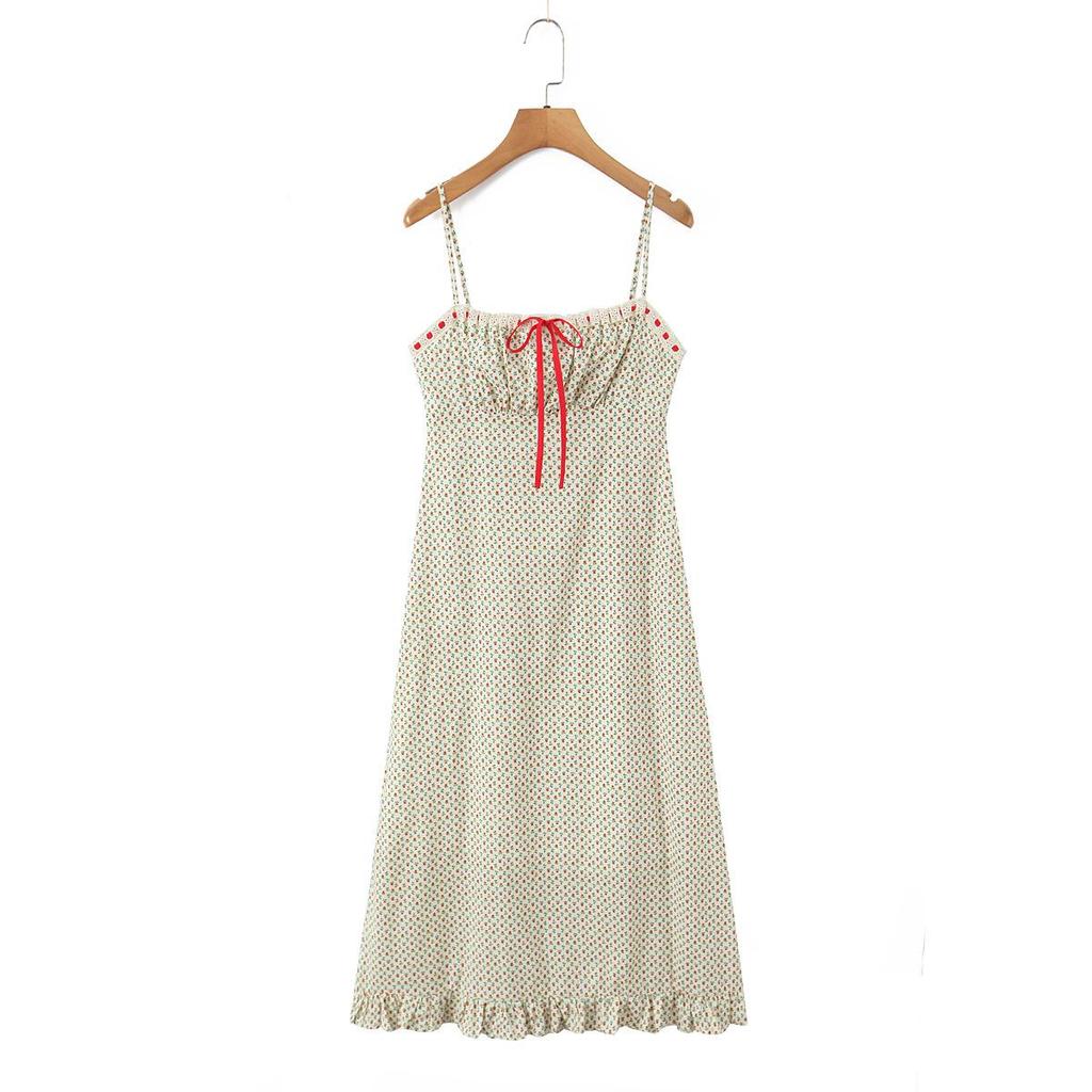 2026 Spring Beige Floral Print Camisole Dress - European & American Style, Mid-Length