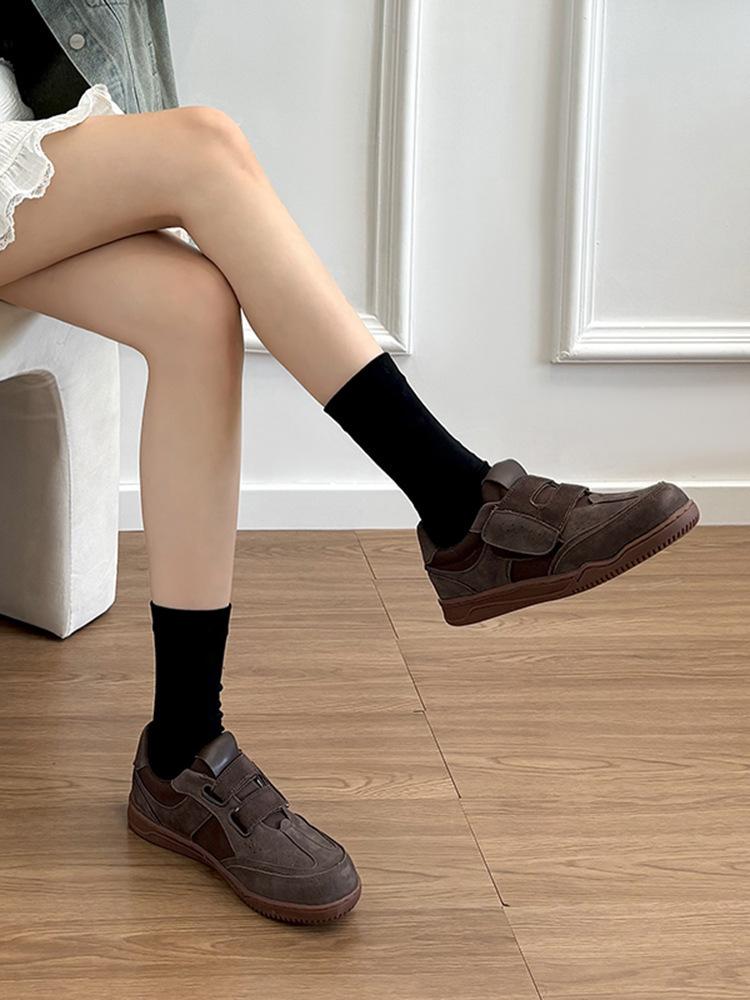 Sheepskin Version of Genuine Leather Retro Round Head Muffin Thick-soled Velcro German Training Shoes Women's Casual Sports Shoes Versatile Litt