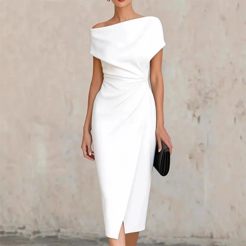 Spring new women s clothing, European and American dresses, fashionable and elegant solid color French dresses, long dresses S белый