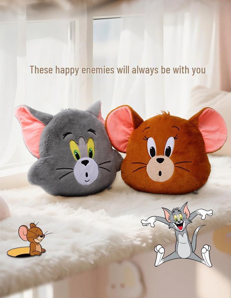 Genuine Tom and Jerry Plush Pillow: Cute Tom Cat Head & Jerry Mouse Backrest Doll