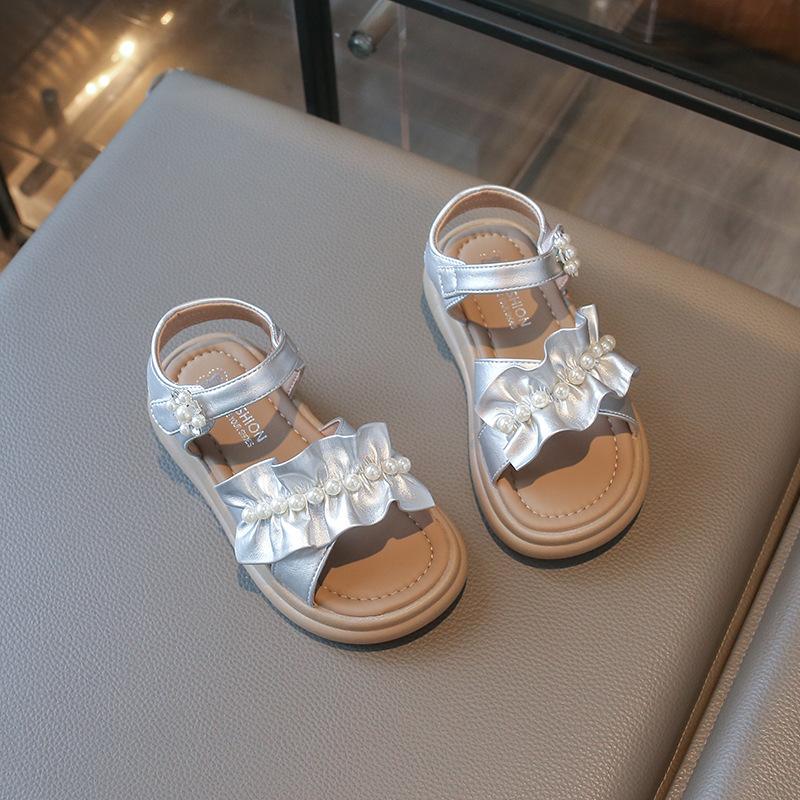 Kids Silver Pearl Ruffle Decor Adjustable Open Toe Sandals 26 серебряный
