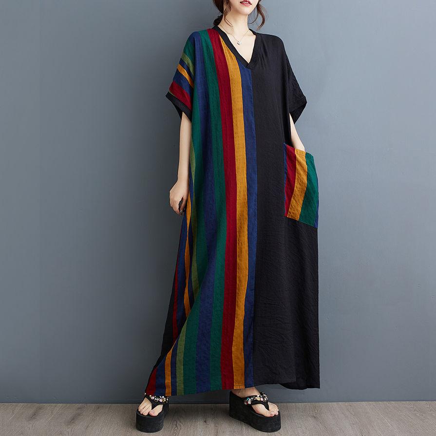 Letní tenké bavlněné a lněné tištěné šaty s výstřihem do V Dámské kontrastní prošívání Dlouhá sukně