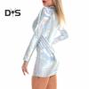 Women Dress Smooth Faux Leather Slim Fit Sheath Solid Color Glossy Skinny Elastic Long Sleeve Half High Collar Above Knee Nightclub Party Mini Dress