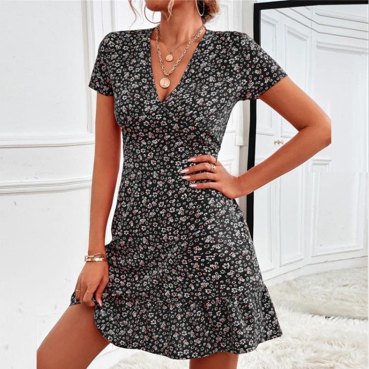 Damen Sexy Sommer Casual Blumenmuster V-Ausschnitt Kurzes Kleid Rock