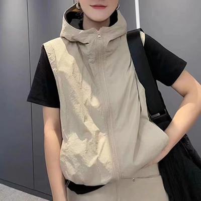 Women Ves Hooded Zipper Closure Cardigan Sleeveless Drawstring Hem Solid Color Loose Sun Protection Casual Sports Daily Life Outing Waistcoat