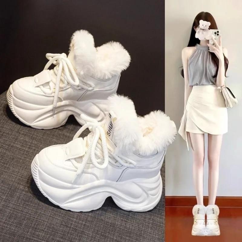 Fashion Winter Women's Boots Warm Increase Height Prevent Slipping Outdoor Snow Boots Comfortable Plush New High Top Lace Up Sneakers