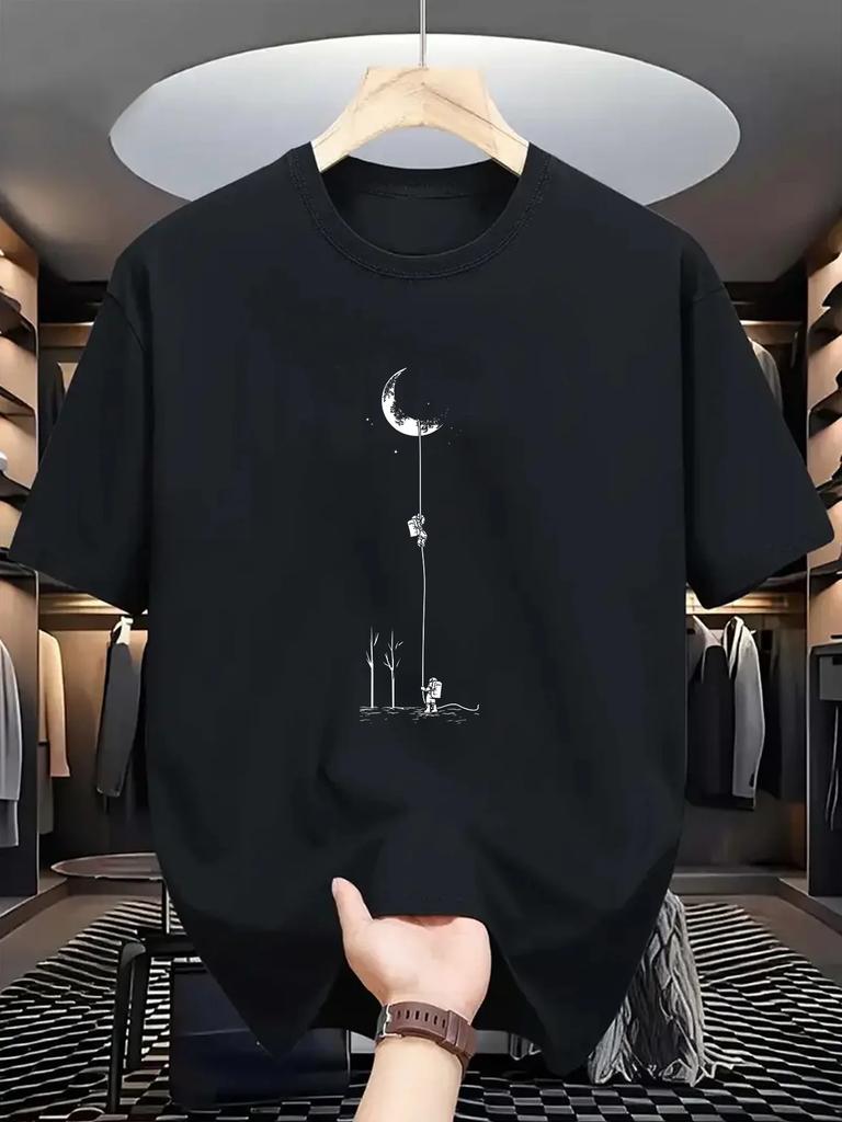 Summer Mens 100 Pure Cotton Casual Loose Fit Plus Size Moon Landing Pattern Printed Round Neck Short Sleeved Tshirt Top