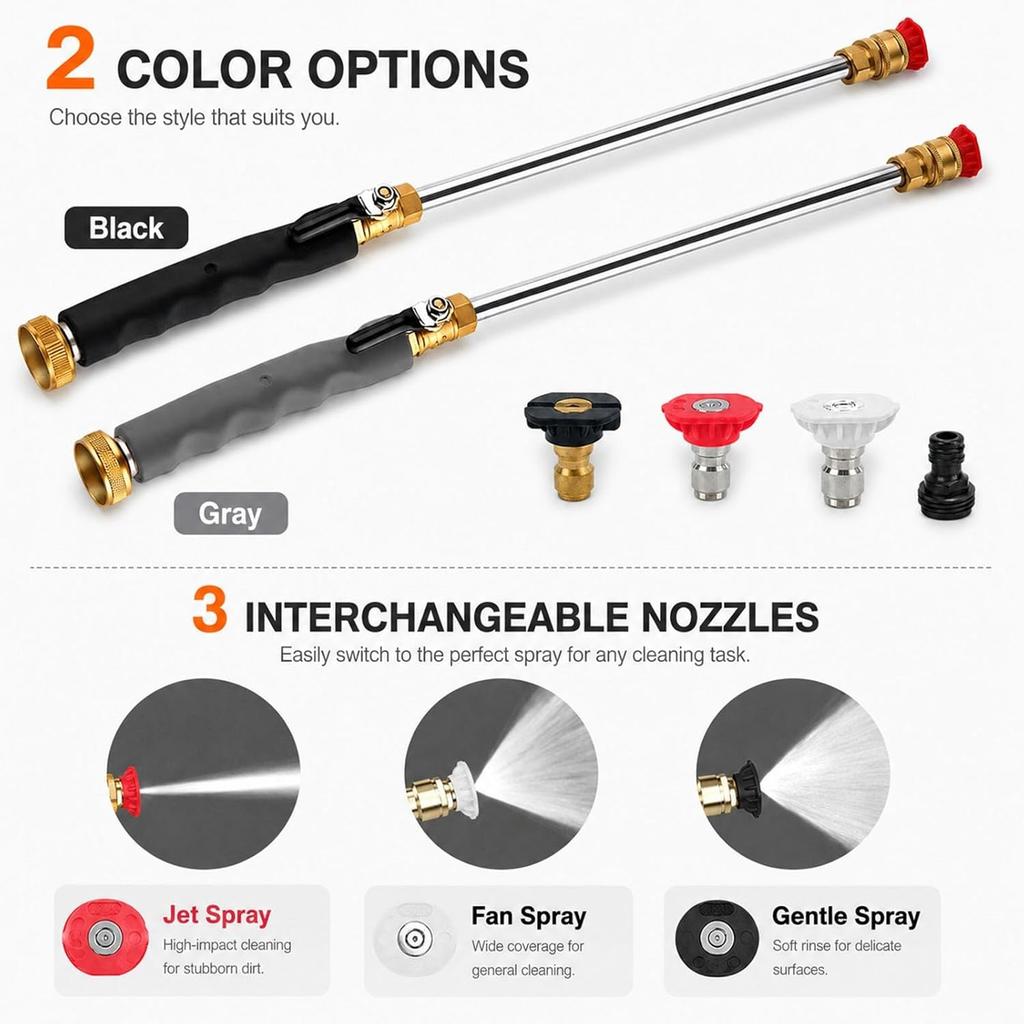 3 In 1 Jet Nozzle Power Washer for Garden Hose,High Pressure Wand with 3 High-Pressure Nozzles - Heavy Adjustable Duty Brass Connector,for Car, Patio,