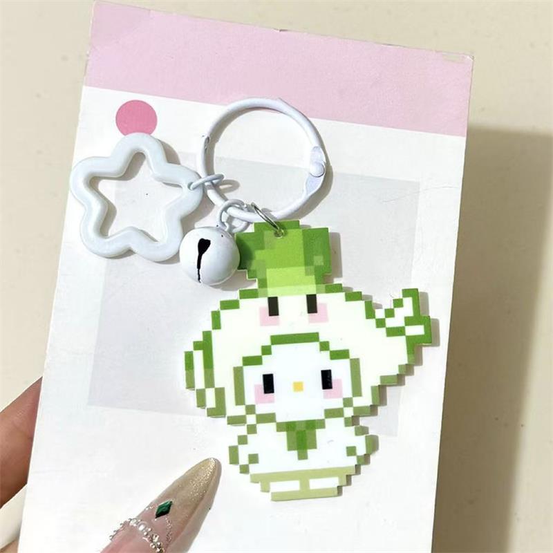 2Pcs Cute Pixel Style Sanrio Hello Kitty Bell Star Keychain Pendant Girl Phone Chain Ccd Camera Charm Accessories Keyring Gifts